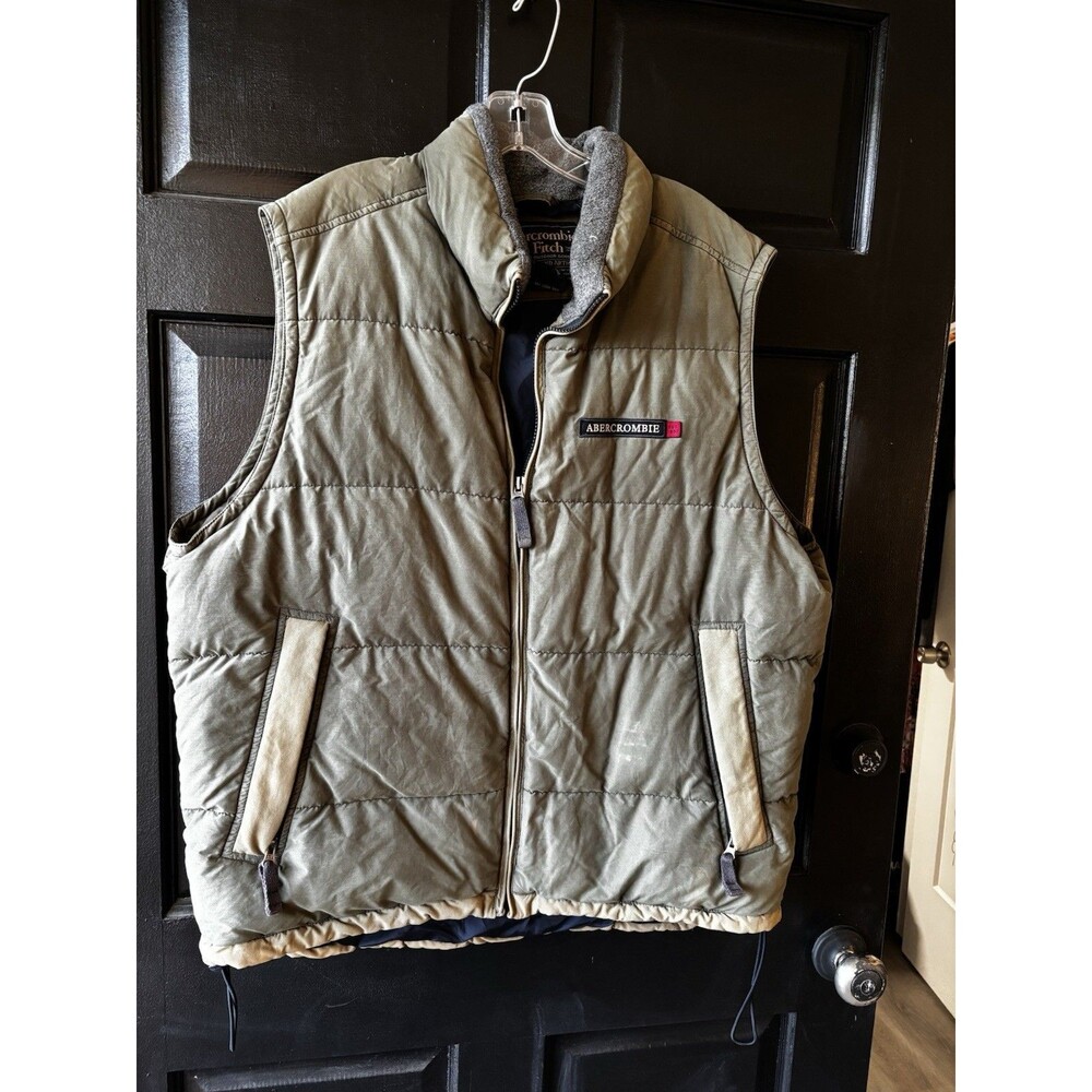 Vtg 90s Abercrombie & Fitch Vest Olive Green Goose Down Puffer Utility Chore XL
